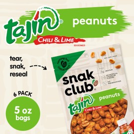 Snak Club Tajin Peanuts, Roasted Nuts with Chili and Lime Seasoning, Mild, Gluten-Free, Kosher Snacks, No Artificial Colors or Flavors, No Preservatives, 5 oz Resealable Bags, 6 Pack