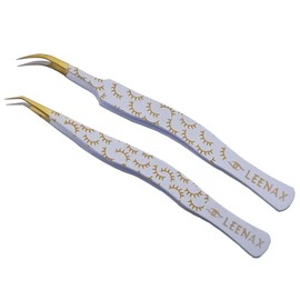 Leenax Professional 2-Piece Eyelash Extension Tweezers Set – Premium Stainless Steel Precision Tweezers with Anti-Slip Grip with Fiber Tips (White)