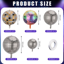 PAUBLLON Disco Ball Balloons, Huge 32/22/10 Inches Helium 4D Colorful & Silver Disco Ball Party Balloons, for Birthdays, Bachelor Party,70s 80s 90s Disco Party Decorations,Graduation Decorations 2025
