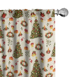 Ambesonne Christmas Curtains, Fir Tree Garland and Bells Ornaments Xmas Themed Cartoon Seasonal Holiday, Window Treatments 2 Panel Set for Living Room Bedroom, Pair of - 28" x 63", Beige