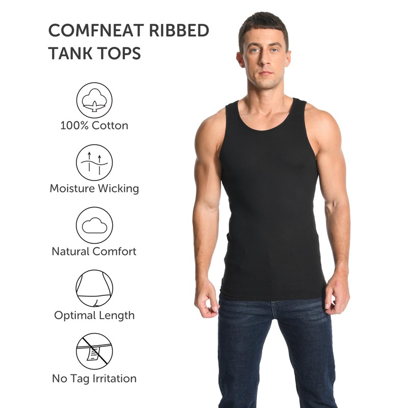 Comfneat Men's 6-Pack Ribbed Tank Tops Cotton Comfy Fit Undershirts