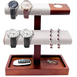 2 Tier Wood Watch Holder Stand with Charging Station for Men, Wooden Wristwatch Tower Jewelry Display Organizer for Rings, Necklaces, Coins Gifts for Men Women