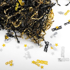 Moinchore 1 lb Graduation Shredded Paper Metallic Crinkle Cut Class of 2025 with Graduate Confetti Mix Basket Filler Grass Congrats Grad for Gift Box Wrapping DIY Packaging Decorations(Black and Gold)