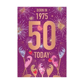 Words 'n' Wishes Female 50th Birthday Card - Happy Birthday Card Age 50 with Born in 1975 Fireworks and Champagne Design with Embossed Foil Details - Birthday Card for Women