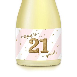 CHEERS TO 21 YEARS! Woman's 21st Twenty-First Adult Birthday Party Gift Ideas, Decorations, Set of 20 Mini Champagne & Wine Bottle Labels, Pink & Gold Decals Celebrate B-day Daughter, Sister, Fiancée