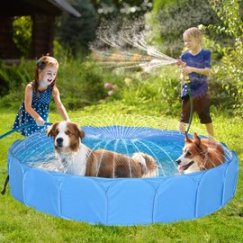 Collapsible Sprinklers Pool for Pet - Foldable Dog Pool for Backyard - Portable Heavy Duty Splash Pad for Puppy Pet Dog (63" x 12")
