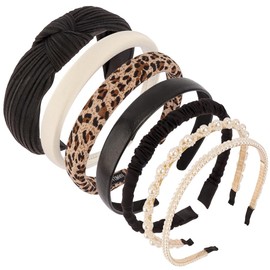 GeorgeX Diademas para Mujer, 7 Piezas Diferentes Bandas para el Cabello con Accesorios de Moda, Anudado Sólido, Perlas, Trenzadas(Negro)