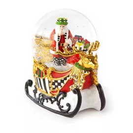 Makenzie Childs christmas SLEIGH MUSIC box ROTATING SNOW GLOBE santa clause nib