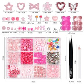3D Nail Charms and Gems Kit Pink Cute Assorted Candy lollipop Gummy Bear Star Nail Charms with Picker Tools Kawaii Nail Art Charms for Nails Design Supplies Junk Cases DIY Decor Accessories