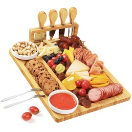 Bamboo Charcuterie Cheese Board Set - Serving Meat Cheese Platter, Charcuterie Board Set with 4 Stainless Steel Cheese Knife, Ideal for Parties, Wedding, Housewarming