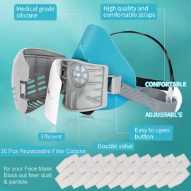 Reusable Anti-Dust Face Respirator with 20 Pcs Filter Cottons, Safety Chemical Half Respirator Face Shield for Woodworking, Painting, Gas, Epoxy Resin, Organic Vapors, Spraying, Sanding, Blue
