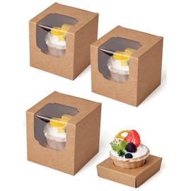 Happyhiram Cupcake Boxes 50 Pcs Brown Kraft Individual Cupcake Box, Single Container Paper Holder with Insert and Window for Muffins Cocoa Bombs Packaging Togo Boxes for Birthdays Party Favor