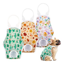 FurVeluxia 3 Pack Washable Female Dog Diapers Sanitary Pantie with Adjustable Suspender, Reusable Doggy Diapers Super Absorbent Leakproof for Dog in Heat(M, Plant)