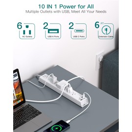 6 Ft Power Strip Surge Protector - Flat Extension Cord with 6 AC Outlets 4 USB (2 USB C), Wall Outlet Extender with Surge Protection, Desktop Charging Station for Home Office Dorm Room Essentials