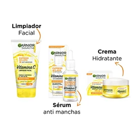 Kit Garnier Express Aclara Rutina anti manchas con Vitamina C: Sérum facial, crema hidratante y gel limpiador, 3 piezas. Hidrata, ilumina y unifica el