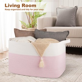 OIASKET XXXL Large Blanket Basket, 108L Cotton Rope Storage Basket for Living Room, Supre Large Toy Basket for Kids, Woven Basket for Clothes, Towels, Pillows, 25" x 16" x 16", Pink and White