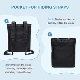 GOLF SUPAGS Foldaway Convertible Backpack 2 in 1 Casual Tote Shoulder Bag Nylon Daypacks Women Men Multifunctional School Work Travel Black, black