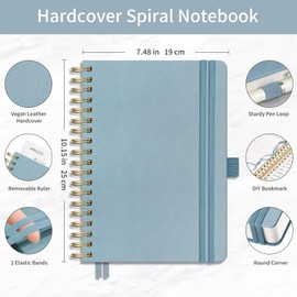 EMSHOI B5 Notebook College Ruled, Spiral Notepad 150 Sheets/300 Pages, 100gsm, HardCover, Sticky Notes, Pocket, Pen Loop, Ruler, Bookmark, Lined Journal for Women Men Writing, 19 x 25.8cm, Gray Blue