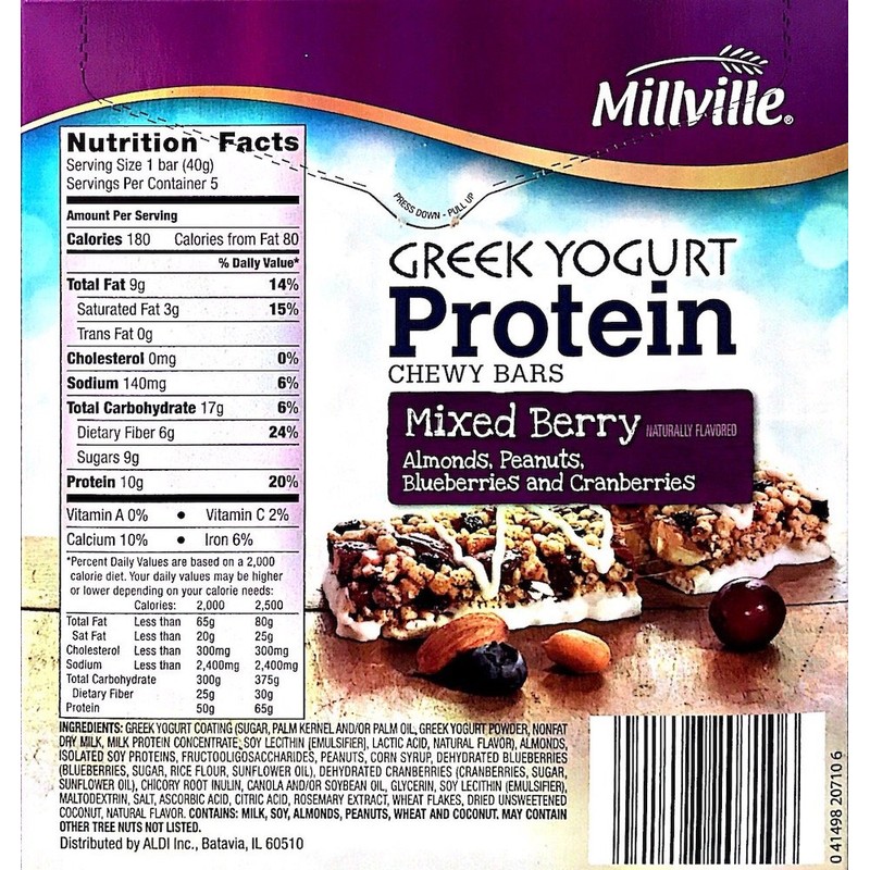 Milleville Greek Yogurt 10g Protein Chewy Bars (Mixed Berry)