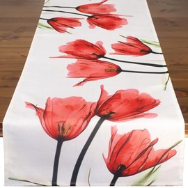 Table Runner Tulips Red, Beige Cream, Modern Printed Motif Tablecloth for Spring and Summer, 40 x 140 cm