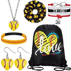 6 Pieces Softball Gifts for Girls Softball Drawstring Bags Softball Necklace Softball Bracelet Softball Headband Softball Earrings Softball Scrunchies Accessories Set for Girl Softball Party Supplies