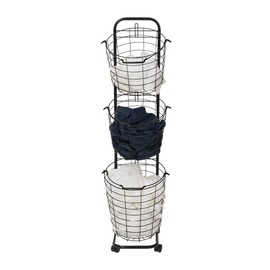 Farios 3 Tier Rolling Laundry Hamper with 3 Removable Wire Basket, Metal Sorter Storage Trolley Shelf Basket with Wheel, Tall Clothes Laundry Basket bin with Wheels-Black