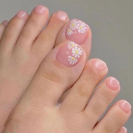 Square Press on Toenails Short Fake ToeNails with Flower Designs Nude Toe Nail Press ons Spring False Toenails Cute Toenail Press ons Summer Stick on Toenails for Women 24Pcs