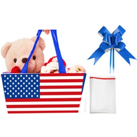 Moinchore 12 Pcs Independence Day Basket for Gifts Empty 9.8 x 6.5'' USA Flag Market Tray Cardboard Basket with Bows, Cellophane Bags, Twist Tiles, Empty to Fill for Holiday Birthday Wedding Party