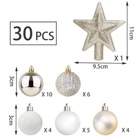 Pack of 30 Mini Christmas Baubles with Hanger, 3 cm Small Christmas Tree Baubles, Gold & White Baubles, Mini Christmas Tree, Table Christmas Tree Decoration Set