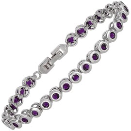 Riva Tennis Bracelet [18 cm/7 Inch] with Round Cut Gemstone Zirconia CZ [6 Colours Available] in 18K White Gold Plated, Simple Modern Elegance, Brass, Amethyst