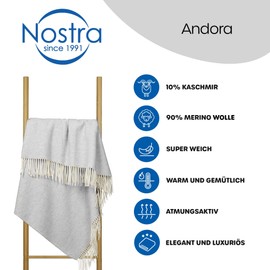 Nostra Andora Bedspread, 140 x 200 cm, Soft Merino Wool Blanket with 10% Cashmere, Picnic Blanket, Warm Sofa Blanket in Grey, Merino Blanket for Couch and Outdoor Sofa, Couch Blanket with Tassels