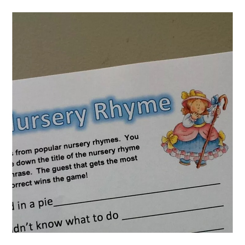 Unbranded 20 Sheets Nursery Rhyme Baby Shower Game + Answers