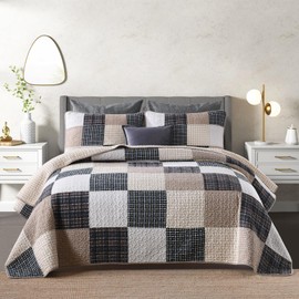 SOElinens Quilts King Size - Real-Patchwork Plaid Design King Quilt Set with Matching Shams, 3 Pieces 100% Cotton Lightweight Rustic Cabin Lodge Bedspread for All Season, Brown/Beige/Charcoal