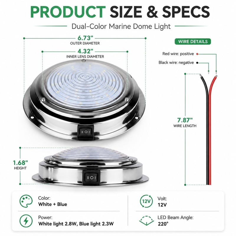 7 Inch 12V Marine Boat Dome Light Dual Color