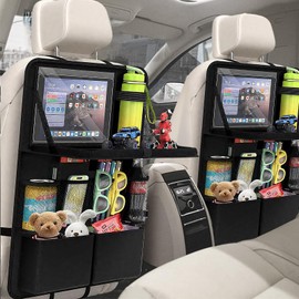 Olgary Car Seat Organiser Children - Pack of 2 Waterproof Backrest Protectors with 12 Pockets, Folding Table + Large Storage for Car Travel Accessories, Seat Protection Mat Family Holiday