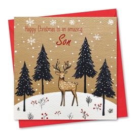 Christmas Card for Son. Stag Design. Eco-friendly & UK Made. Verse Inside. 148x148mm card size.