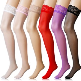Boao 6 Pairs Women Thigh High Stockings Silicone Lace Top Pantyhose for Women, Multicolored