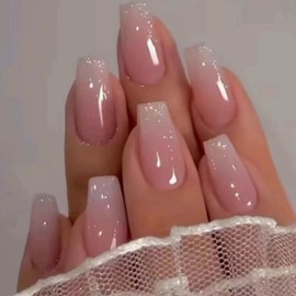 DANMANR Square Fake French Nails False Long Nails Full Cover Acrylic Long Fake Nails for Women and Girls 24PCS (Color 16)