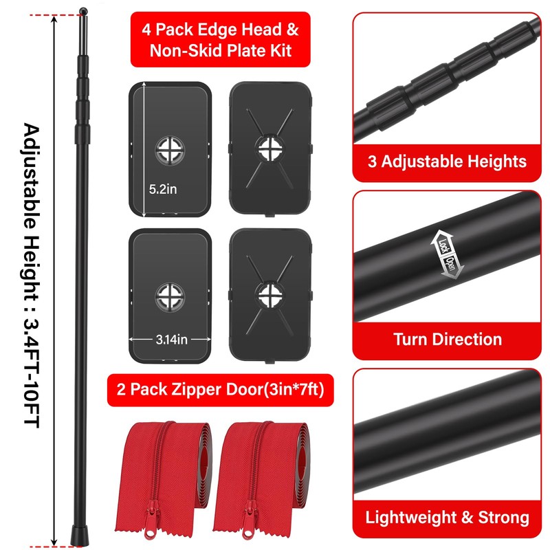 10FT Dust Barrier Poles Kit,Spring Retractable Zipper Wall Poles for