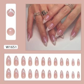 Press on Nails Medium Almond Fake Nails Aurora Pink False Nails French Acrylic Nails with White Line Design Glue on Nails Chrome Full Cover Stick on Nails Artificial Nails for Women Manicure 24Pcs