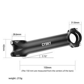 CYSKY 31.8 Bike Stem 140mm 150mm Extra Length 7° 12° 17° 25° Degree for 31.8mm Handlebar Clamp 1-1/8 28.6mm Steer Tube, for Road Bike, Mountain Bike, Gravel, Hybrid, E-Bikes (12 Degree, 150mm)