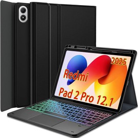 Nanhent Touchpad Keyboard Case for Xiaomi Redmi Pad 2 Pro 12.1 Inch 2025 Tablet, 7 Color Rainbow Backlight Detachable Bluetooth Trackpad Keyboard Folio Smart Cover with Pen Holder