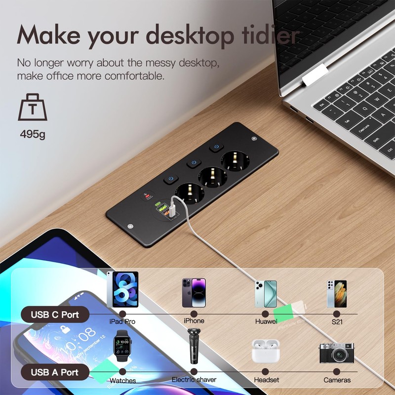 3-Way Installation Power Strip with 2 USB A and 2