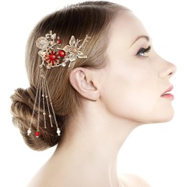 Hairpins Butterfly Tassel Pins Hair Clip Hair Ornament Accessory for Traditional Clothes Decoration (Red, One size)