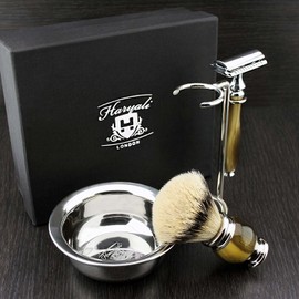 Stunning horn replica 4 piece men's shaving set with silver tip badger brush, DE safety razor, shaving stand and shaving bowl designed by Haryali London