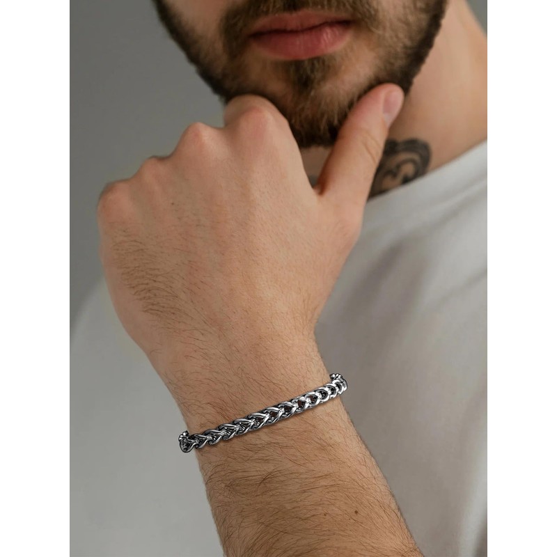 Mens Stainless Steel Franco Chain Bracelet 5MM Link Bracelets, Fold