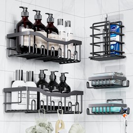 Prlsca 5 Pack Shower Caddy with Hooks,No Drilling,Large Capacity,Adhesive Shower Organizer for Kitchen&Home Decor & Dormitory,Bathroom Storage Essentials（Black）