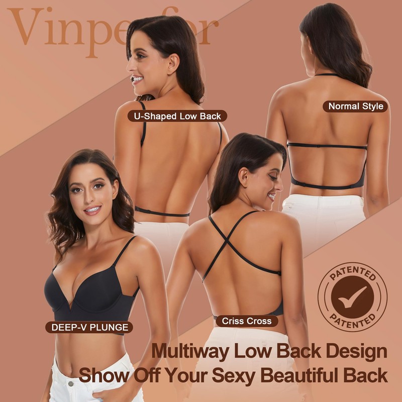 Vinperfor Women Low Back Bra Invisible Backless Bras Lightly-Lined Deep-V