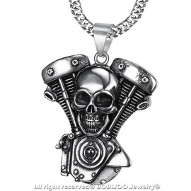 BOBIJOO JEWELRY - Large pendant necklace solid biker motor skull stainless steel 316L silver chain.