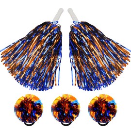 Hooshing 5PCS Blue and Orange Pom Poms Cheerleading Shaker and Hair Ropes Wrist Ties with Poms for Cheerleader Girls Sports Spirits Rewards Cheer in Party Festival